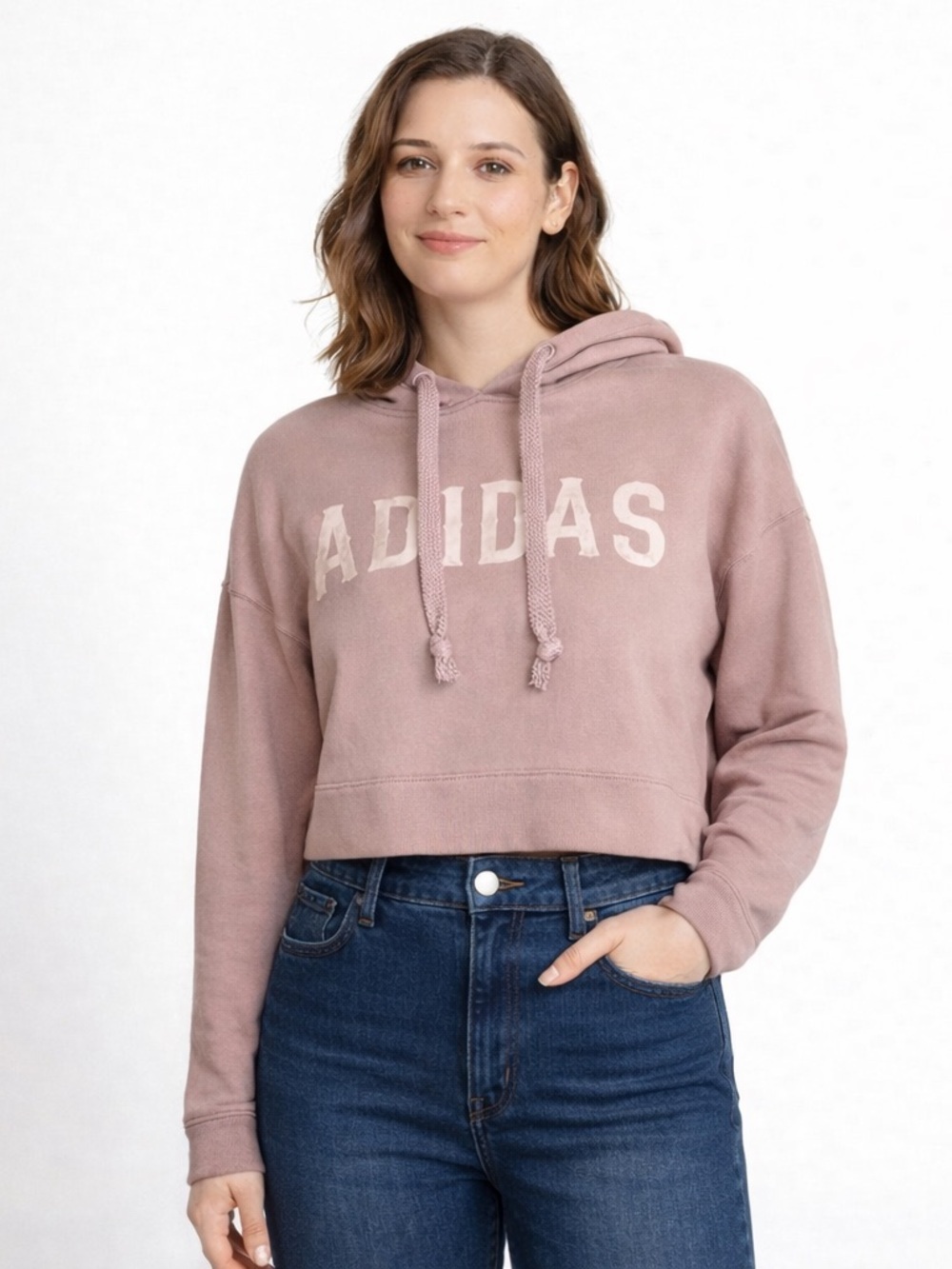 Adidas Originals Cropped Hoodie Purple Velvet Logo Pullover Streetwear - Picture 10 of 10
